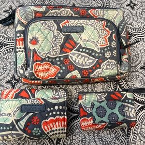 3 piece Vera Bradley set crossbody, wallet, change purse. Gray, mint, orange, EC